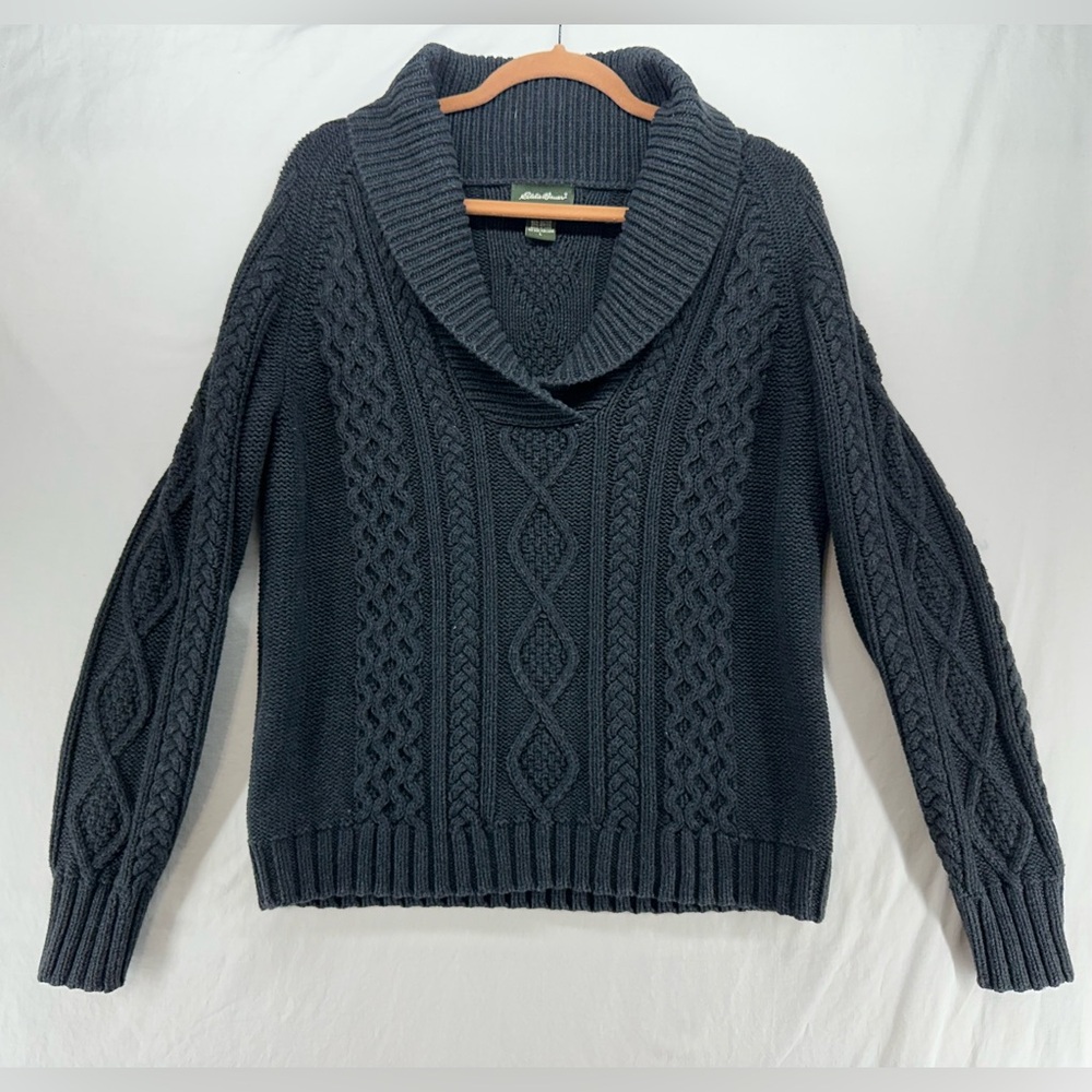 Eddie Bauer Women's Large Sweater Gray Shawl Collar Cable Knit